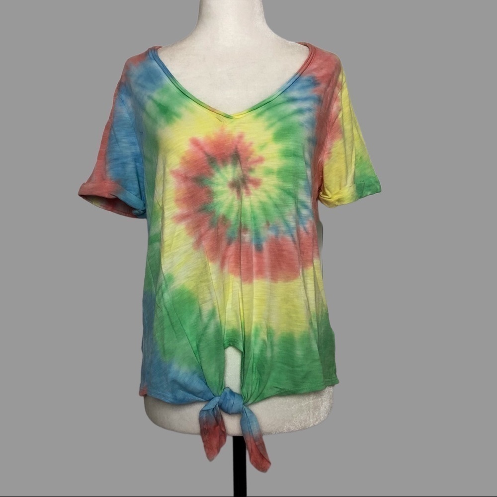 ❤️ S ❤️ NWOT Anthro Tee Front Tie Knot Tie Dye Swirl Multicoloured​ Rainbow​